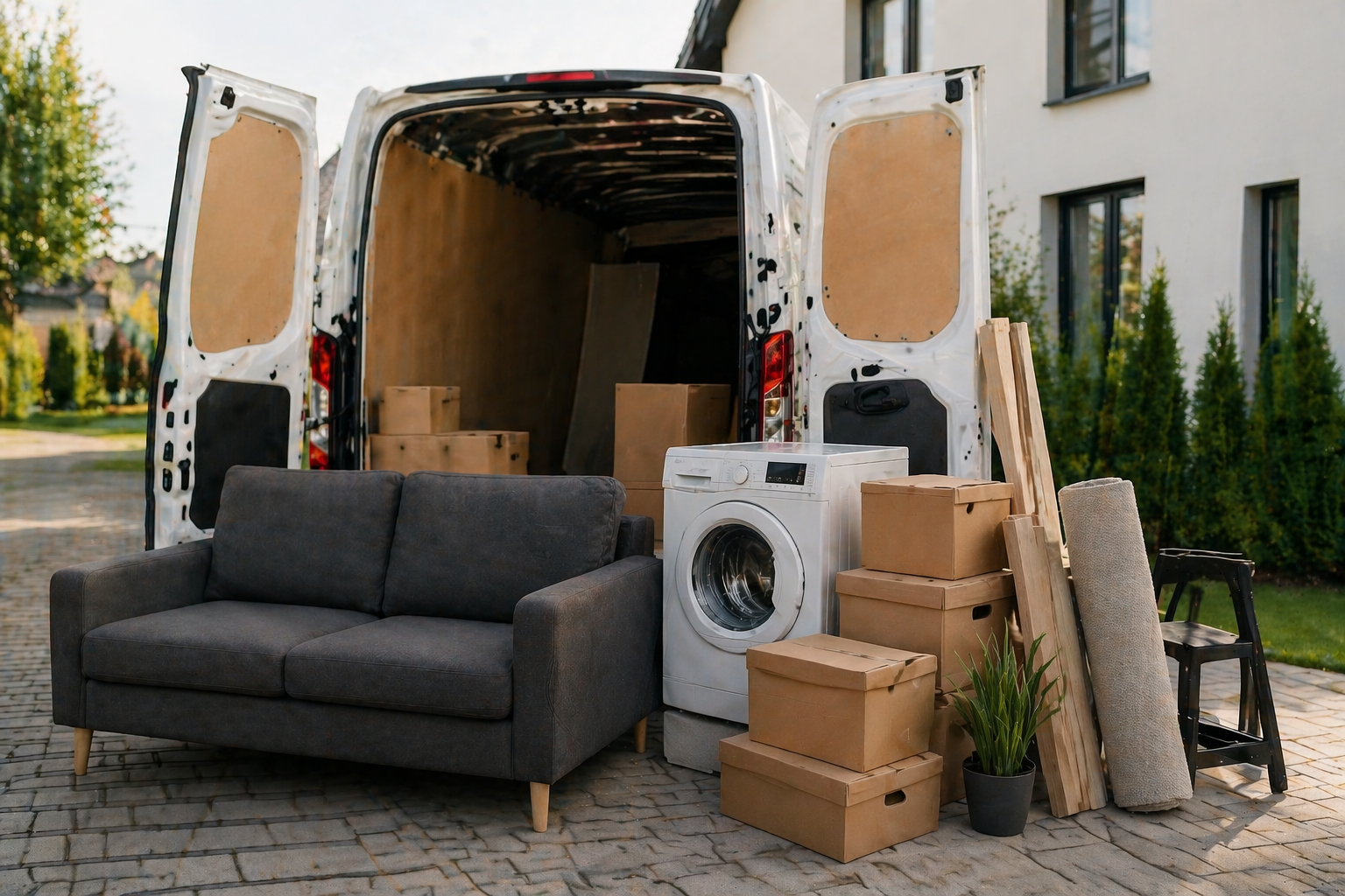 Sofa, technika ir dėžės prie mikroautobuso